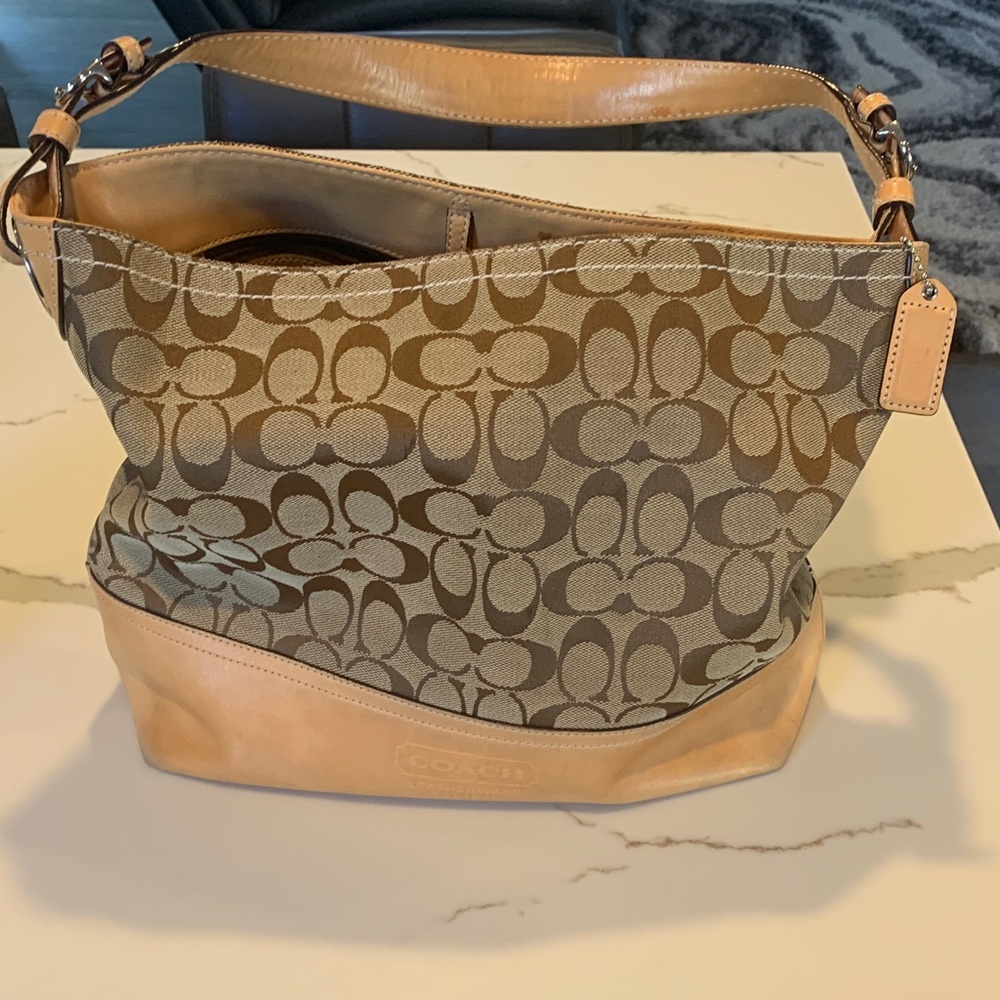 Vintage Coach Canvas Shoulder Bag in Khaki and Tan